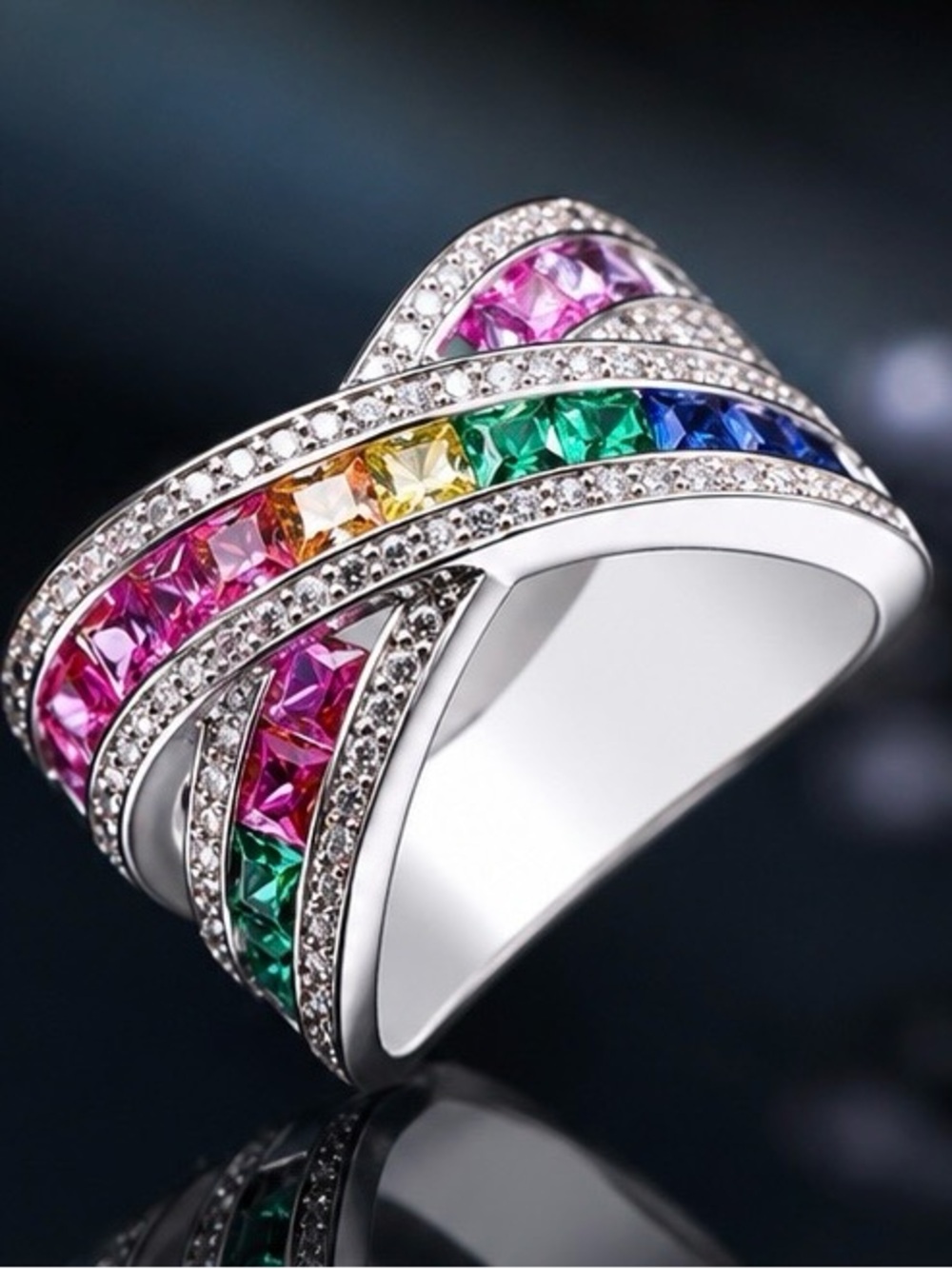 Rainbow Swarovski Crystal Statement Ring Multicolor Luxe Cocktail Ring Gift